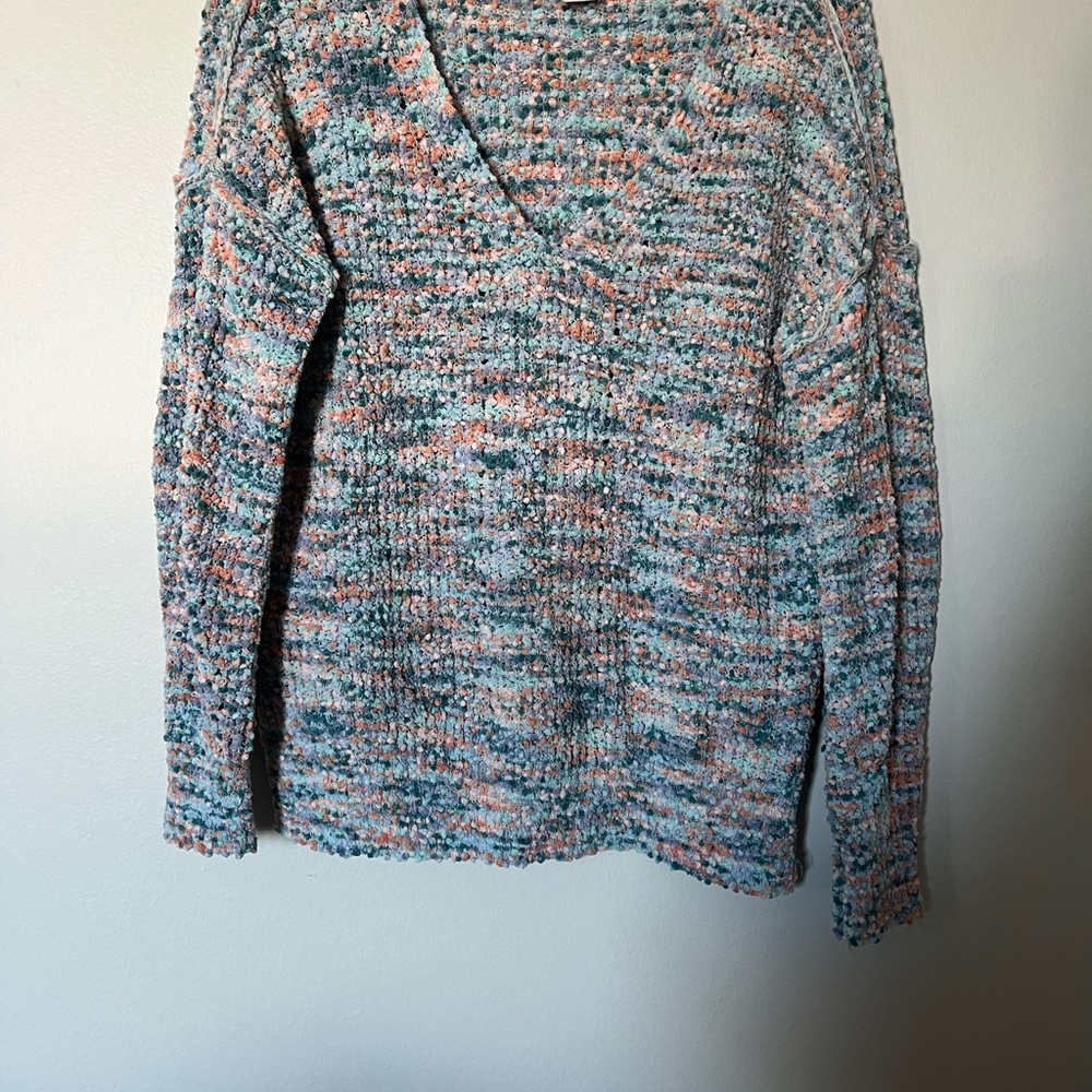 Rachel Zoe Multicolor V-Neck Bouclé Sweater in Peach, Teal, and Cream